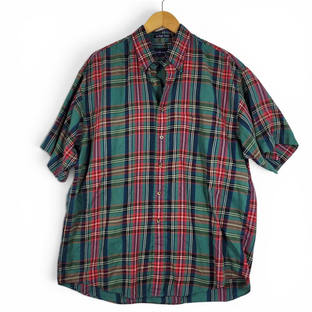 Gant Heritage Twill Button Down Mens XL Green Plaid Short Sleeve